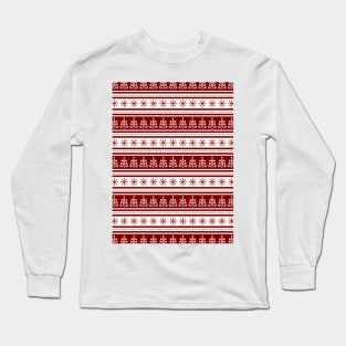 Dark Christmas Candy Apple Red Nordic Trees Stripe in White Long Sleeve T-Shirt